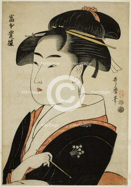 Tomimoto Toyohina, from the series "Famous Beauties of Edo (Edo komei bijin)", Japan, c. 1793/94. Creator: Kitagawa Utamaro.
