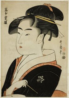 Tomimoto Toyohina, from the series "Famous Beauties of Edo (Edo komei bijin)", Japan, c. 1793/94. Creator: Kitagawa Utamaro