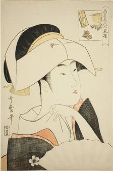 Tomimoto Toyohina, from the series Renowned Beauties Likened to the Six Immortal Poe..., c. 1795/96. Creator: Kitagawa Utamaro