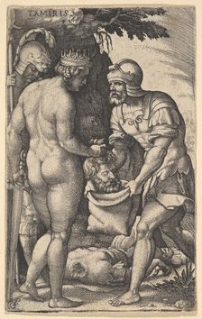 Tomyris, shown nude from behind, placing the head of Cyrus into a sack held by a soldi..., ca. 1539. Creator: Georg Pencz