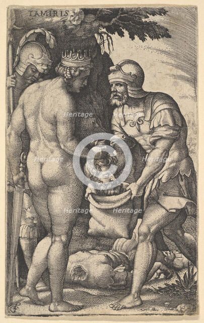 Tomyris, shown nude from behind, placing the head of Cyrus into a sack held by a soldi..., ca. 1539. Creator: Georg Pencz.