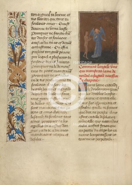 Tondal's Soul Enters Hell, Accompanied by His Guardian Angel; Les Visions du chevalier Tondal, 1475. Creator: Simon Marmion.