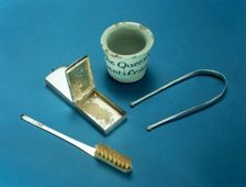 Toothbrush, box of dental powder and tongue-scraper, 18th century. Creator: Unknown