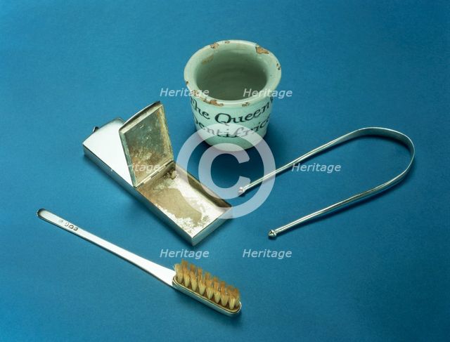 Toothbrush, box of dental powder and tongue-scraper, 18th century. Creator: Unknown.