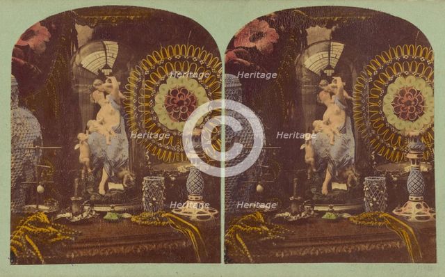 Top of a vanity filled with objects, about 1857. Creators: London Stereoscopic & Photographic Co, Joseph John Elliott.