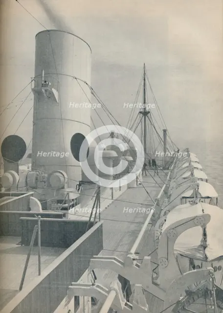 'Top Deck of the Strathmore with modern lifeboats', 1936. Artist: Unknown.