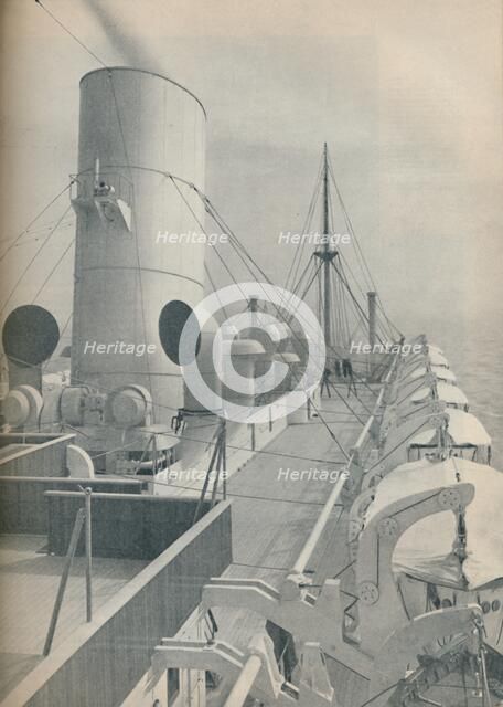'Top Deck of the Strathmore with modern lifeboats', 1936. Artist: Unknown.