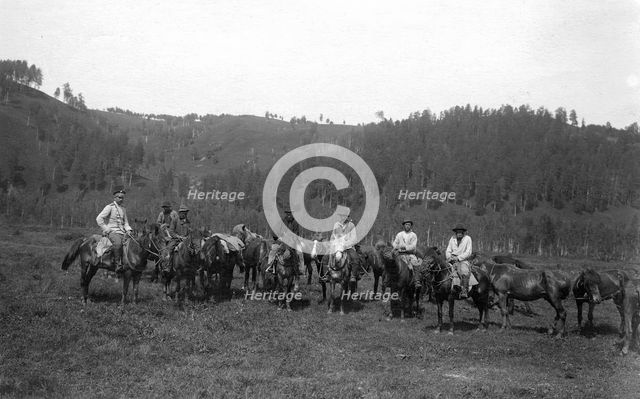 Topographer and Laborers Near the Ust'-Kabyrza Ulus, 1913. Creator: GI Ivanov.