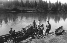 Topographers by the Boats on the Mrassu River Shore, Near the Ust'-Kabyrza Ulus, 1913. Creator: GI Ivanov