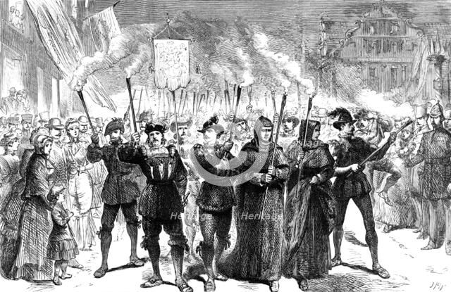 Torch procession at Wittenberg...anniversary of Luther's...theses on the church door in 1517, (1883) Creator: Unknown.