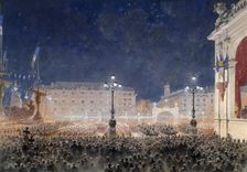 Torchlight retreat on Place de l'Hotel de Ville. Franco-Russian celebrations, October 1893, 1893. Creator: Hoffbauer, Feodor (Fédor) (1839-1922)