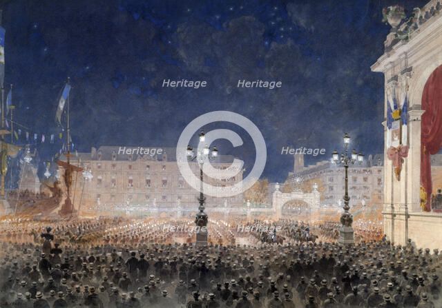 Torchlight retreat on Place de l'Hotel de Ville. Franco-Russian celebrations, October 1893, 1893. Creator: Hoffbauer, Feodor (Fédor) (1839-1922).