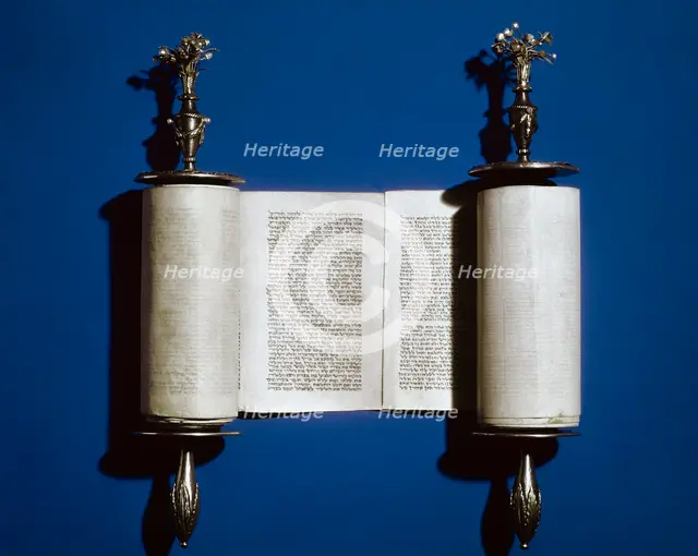 Torah: Scroll of the Law and silver scroll holder, 2008. Creator: Unknown.
