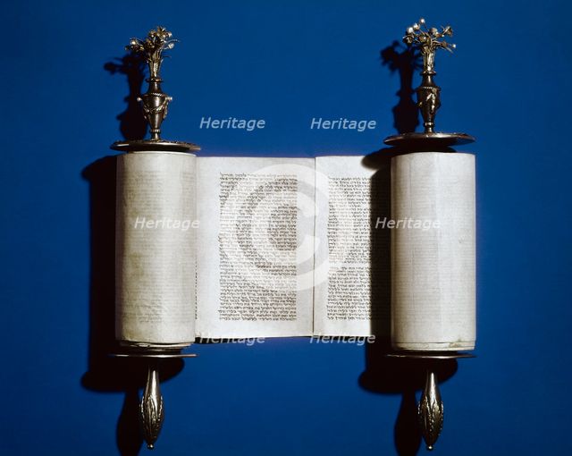 Torah: Scroll of the Law and silver scroll holder, 2008. Creator: Unknown.