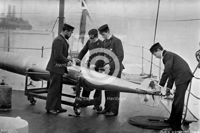 Torpedo instruction on board HMS 'Theseus', 1896.Artist: W Gregory