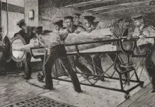 Torpedo practice on board HMS Thunderer, preparing to launch a Whitehead Fish Torpedo..., 1878. Creator: Unknown