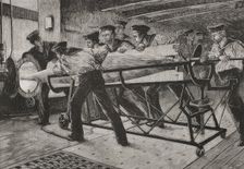 Torpedo practice on board HMS Thunderer, preparing to launch a Whitehead Fish Torpedo..., 1878. Creator: Unknown