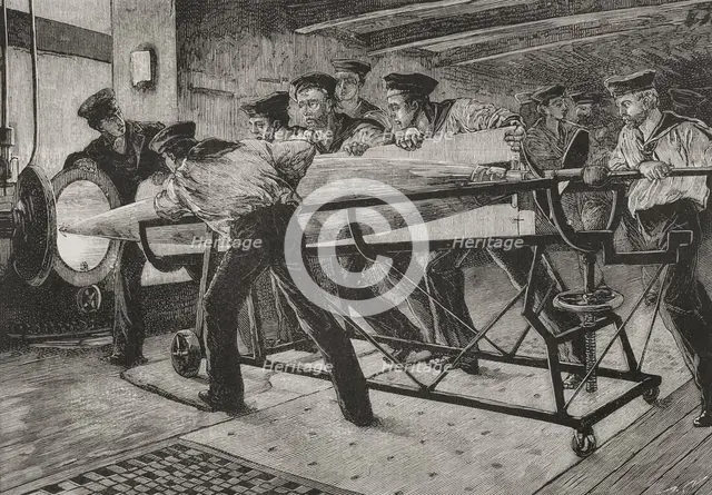 Torpedo practice on board HMS Thunderer, preparing to launch a Whitehead Fish Torpedo..., 1878. Creator: Unknown.