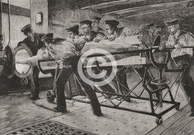 Torpedo practice on board HMS Thunderer, preparing to launch a Whitehead Fish Torpedo..., 1878. Creator: Unknown.