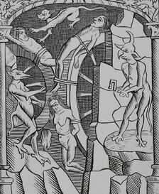 Torture of the wheel, executed by demons, 1529, (1878). Creator: Unknown