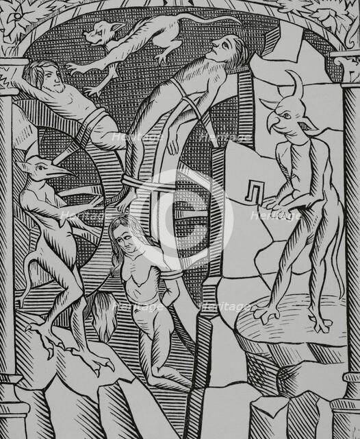 Torture of the wheel, executed by demons, 1529, (1878).  Creator: Unknown.