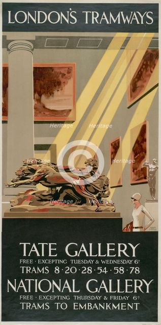 'Tate Gallery, National Gallery', London County Council (LCC) Tramways poster, 1927. Artist: Tony Castle
