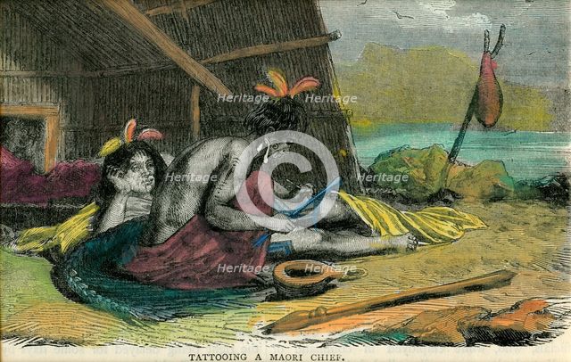 'Tatooing a Maori chief', late 19th century(?). Artist: Unknown