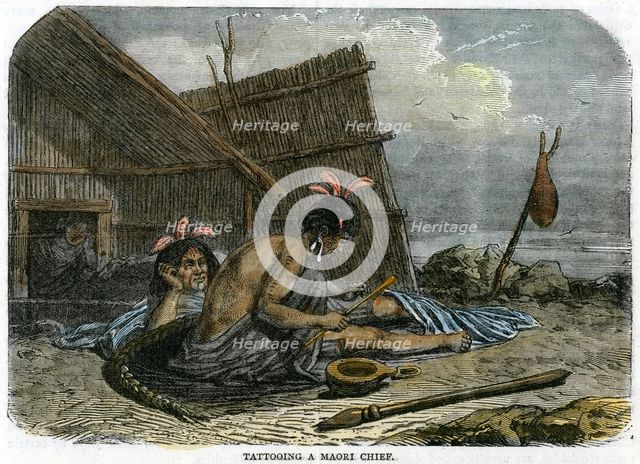 'Tattooing a Maori Chief', New Zealand, c1875. Artist: Unknown