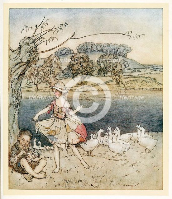 Tattercoats dancing while the goosherd pipes, from English Fairy Tales, pub. 1922. Creator: Arthur Rackham (1867 - 1939).
