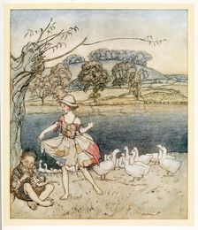 Tattercoats dancing while the goosherd pipes, from English Fairy Tales, pub. 1922. Creator: Arthur Rackham (1867 - 1939)