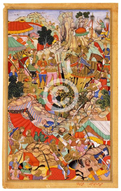 Tayang Khan Presented with the Head of the Mongol Leader Ong Khan (Miniature from Jami' al-tawarikh (Universal History), c. 1596. Artist: Miskina (active 1590-1600)