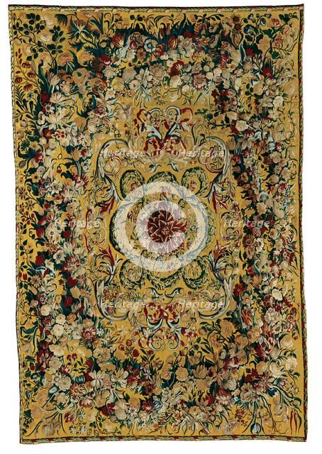 Table Carpet with Garlands of Flowers and Rinceaux, Flanders, 1650/75. Creator: Manufacture royale d'Aubusson.