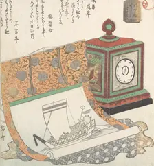 Table-Clock and Kakemono of a Treasure Boat, 19th century., 19th century. Creator: Shinsai