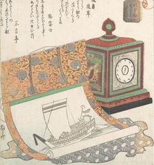Table-Clock and Kakemono of a Treasure Boat, 19th century., 19th century. Creator: Shinsai