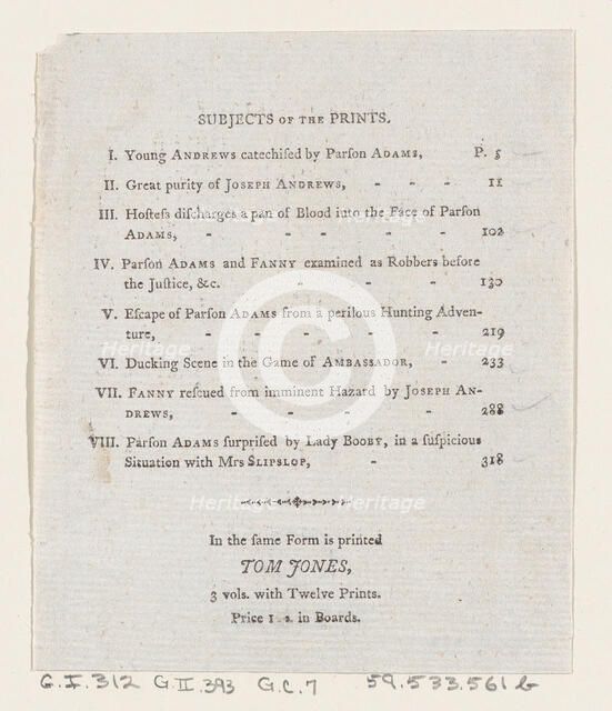 Table of Contents: "The Adventures of Joseph Andrews, and his friend Mr. Abraham Adams", 1792., 1792 Creator: Thomas Rowlandson.