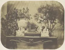[Table Top Still Life with Model Cathedral and Small Sculptures], ca. 1856. Creator: Louis-Rémy Robert