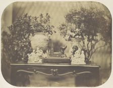 [Table Top Still Life with Model Cathedral and Small Sculptures], ca. 1856. Creator: Louis-Rémy Robert