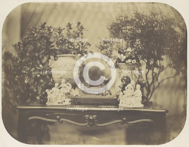 [Table Top Still Life with Model Cathedral and Small Sculptures], ca. 1856. Creator: Louis-Rémy Robert.