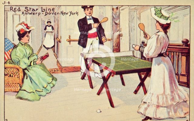 Table tennis on board a Red Star Line passenger ship, 1907. Creator: Unknown.