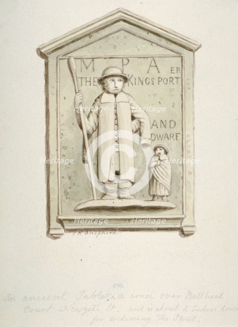 Tablet on a house over Bull Head Court, Newgate Street, City of London, 1840. Artist: Thomas Hosmer Shepherd
