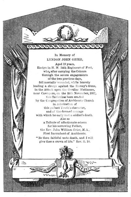 Tablet in Amblecote Church to the Memory of Ensign Lyndon J. Grier, 1858. Creator: Unknown.