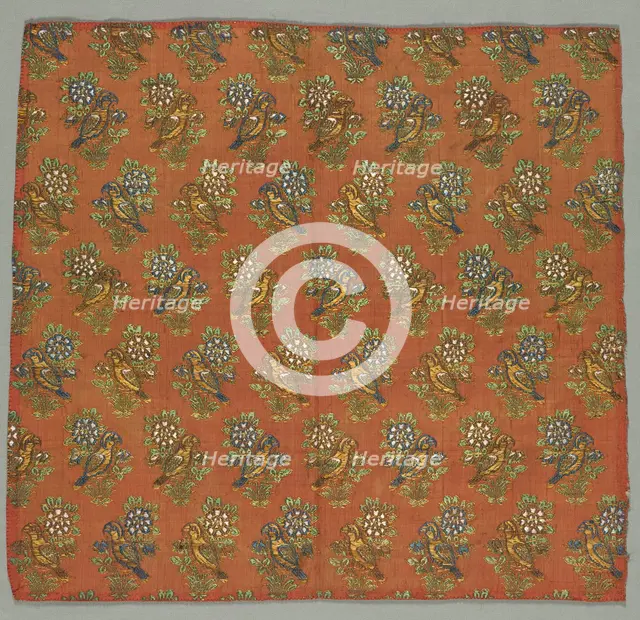 Taffeta Fragment with Gul-u-Bulbul (Rose and Nightingale) Pattern, 1700s. Creator: Unknown.