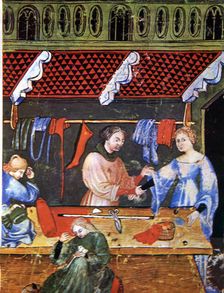 Tailoring. Miniature in Tacuinum sanitatis illuminated manuscript of the late 14th century