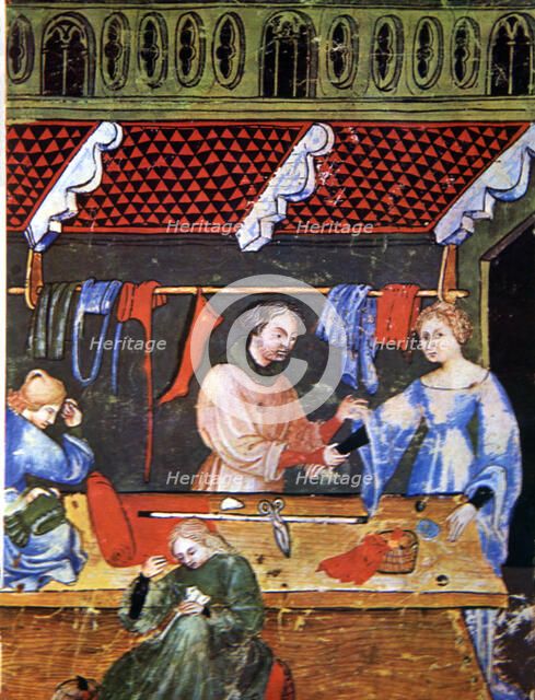 Tailoring. Miniature in 'Tacuinum sanitatis', illuminated manuscript of the late 14th century.