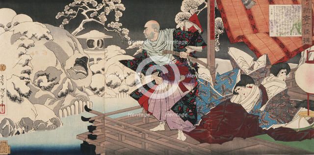 Taira No Kiyomori Seeing Skulls in the Snowy Garden, 1882. Creator: Tsukioka Yoshitoshi.