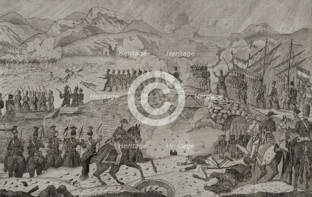 Taking of the bridge of Luchana, 3rd Siege of Bilbao, (1836), First Carlist War (1833-1840), 1845.  Creator: Carlos Mugica y Perez.