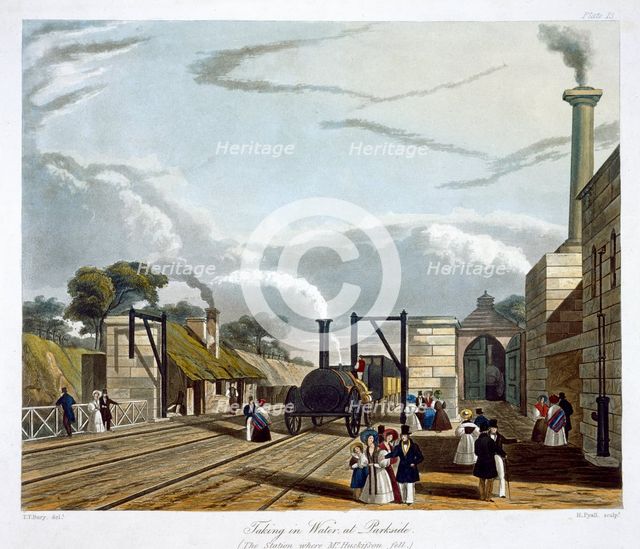 'Taking in Water at Parkside', Liverpool and Manchester Railway, 1833. Creator: Henry Pyall.