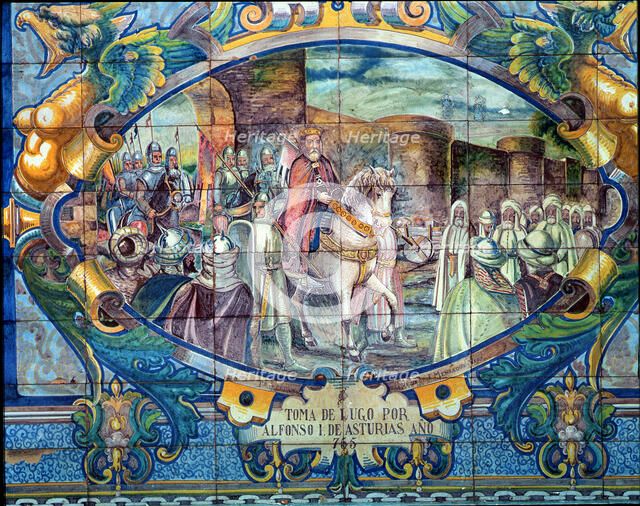 Taking Lugo by Alphonse I of Asturias in 755, tile panel in the Spain square in Seville.