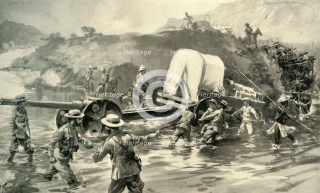 'Taking the 4.7 Naval Gun Across The Tugela', 1900. Creator: Joseph Finnemore.