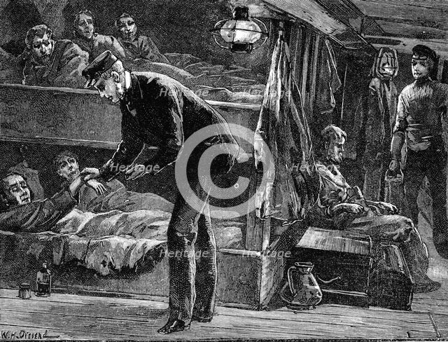 Taking the pulse of a sick Irish emigrant on board ship, (1840s) c1890. Artist: Unknown